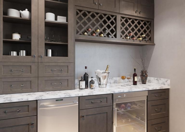 bar cabinetry that carries around from the kitchen